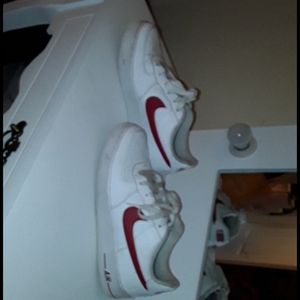 Red and white air force ones